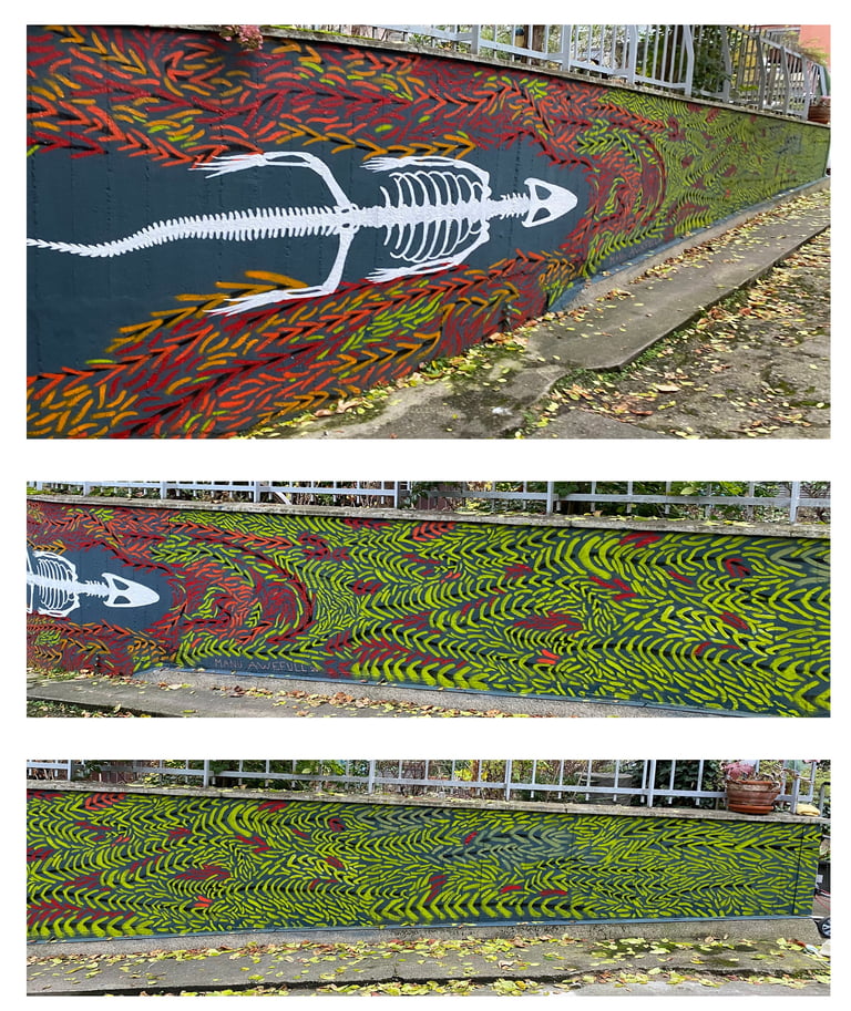 Three views of colorful street art mural featuring a white fish skeleton on dark background with vibrant red, yellow, and green patterns